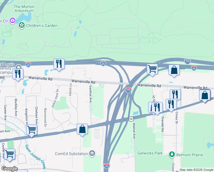 map of restaurants, bars, coffee shops, grocery stores, and more near 455 Warrenville Road in Lisle