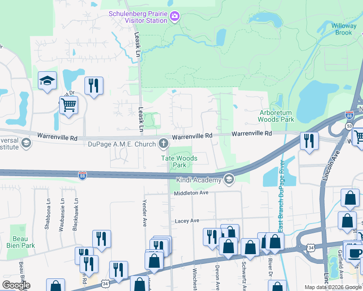 map of restaurants, bars, coffee shops, grocery stores, and more near 1931 Warrenville Road in Lisle