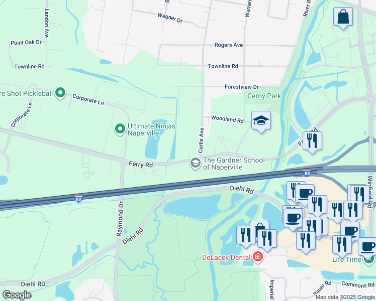 map of restaurants, bars, coffee shops, grocery stores, and more near 28W680 Ferry Road in Warrenville