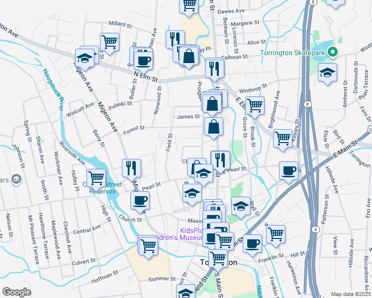 map of restaurants, bars, coffee shops, grocery stores, and more near 43 Munson Avenue in Torrington
