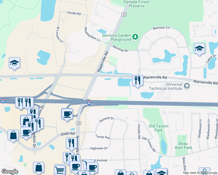 map of restaurants, bars, coffee shops, grocery stores, and more near 3333 Warrenville Road in Lisle