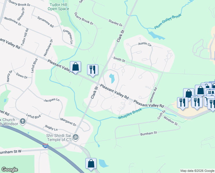 map of restaurants, bars, coffee shops, grocery stores, and more near 94 Cinnamon Spring in South Windsor