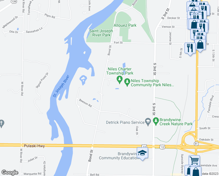 map of restaurants, bars, coffee shops, grocery stores, and more near 1513 Bond Street in Niles