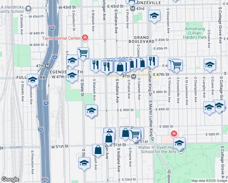 map of restaurants, bars, coffee shops, grocery stores, and more near 4749 South Indiana Avenue in Chicago