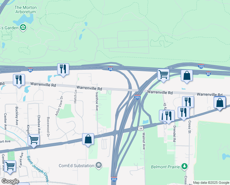 map of restaurants, bars, coffee shops, grocery stores, and more near 455 Warrenville Road in Lisle