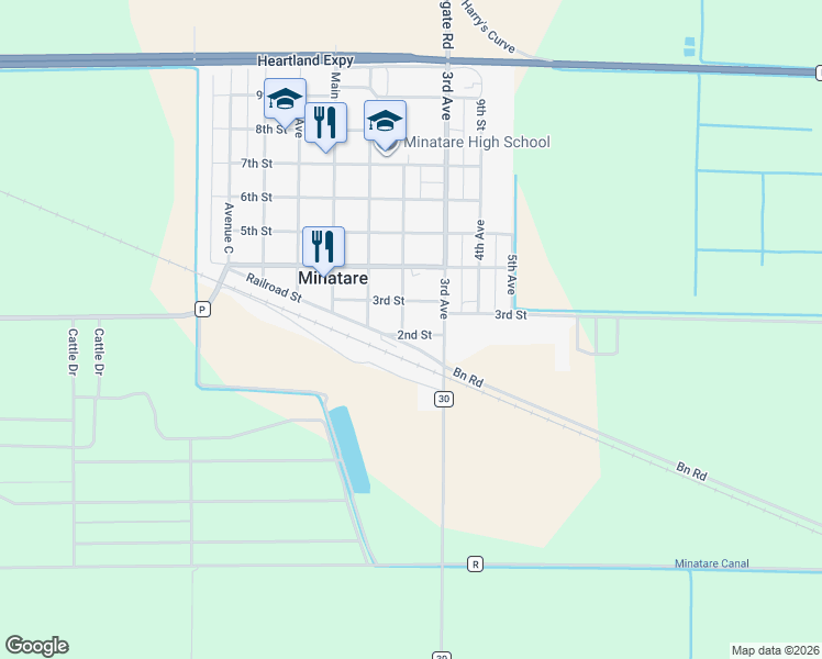 map of restaurants, bars, coffee shops, grocery stores, and more near 1212 3rd Street in Minatare