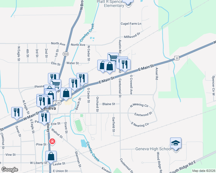 map of restaurants, bars, coffee shops, grocery stores, and more near 540 East Main Street in Geneva