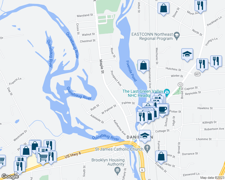 map of restaurants, bars, coffee shops, grocery stores, and more near 162 Maple Street in Danielson