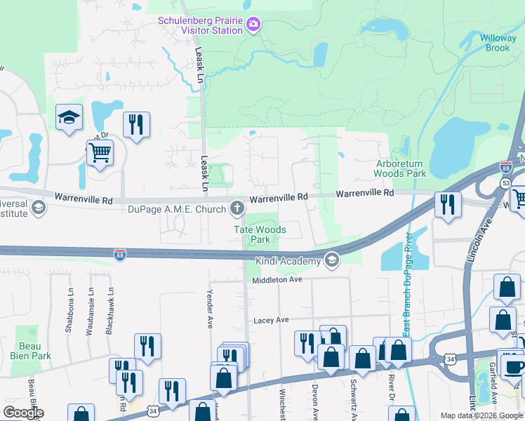 map of restaurants, bars, coffee shops, grocery stores, and more near 1931 Warrenville Road in Lisle