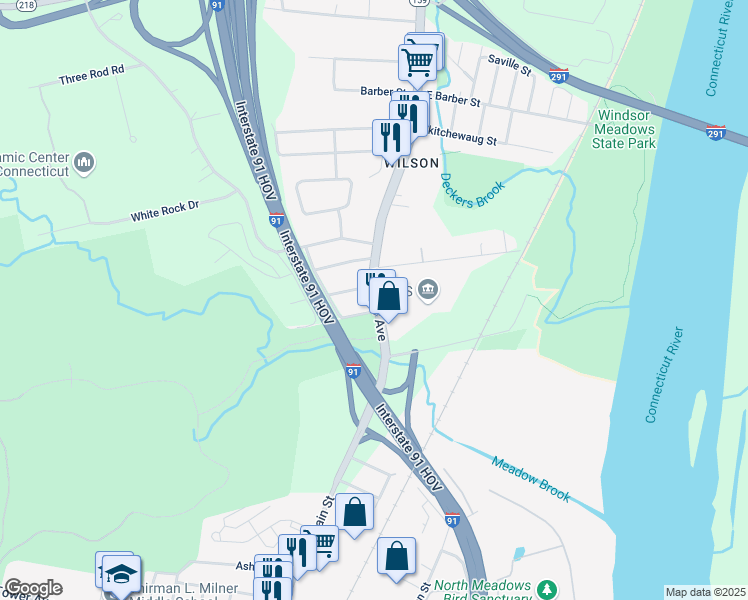 map of restaurants, bars, coffee shops, grocery stores, and more near 193 Windsor Avenue in Windsor
