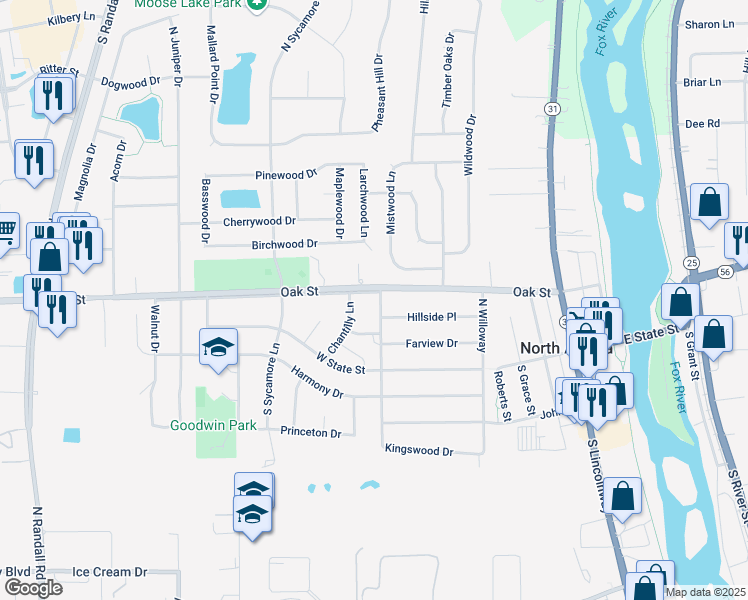 map of restaurants, bars, coffee shops, grocery stores, and more near 23 North Cherrytree Court in North Aurora