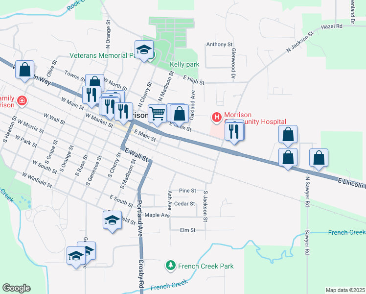 map of restaurants, bars, coffee shops, grocery stores, and more near 501 East Main Street in Morrison