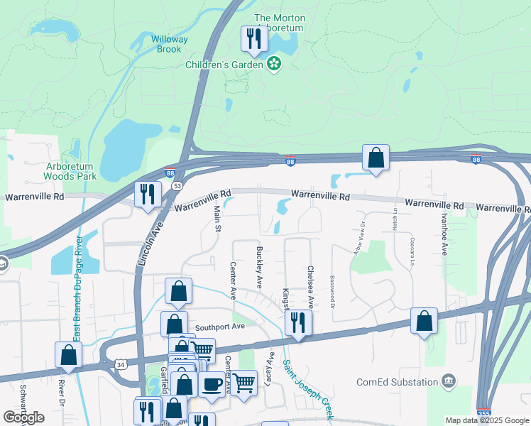 map of restaurants, bars, coffee shops, grocery stores, and more near 901 Warrenville Road in Lisle