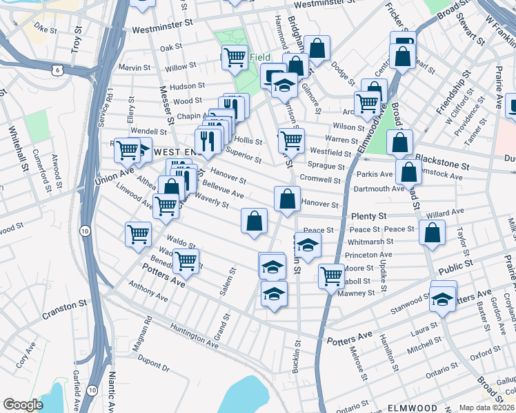 map of restaurants, bars, coffee shops, grocery stores, and more near 125 Bellevue Avenue in Providence