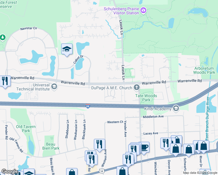 map of restaurants, bars, coffee shops, grocery stores, and more near 2201 Dogwood Drive in Lisle