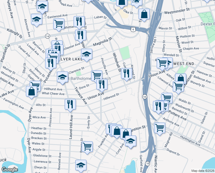 map of restaurants, bars, coffee shops, grocery stores, and more near 64 Elmdale Avenue in Providence
