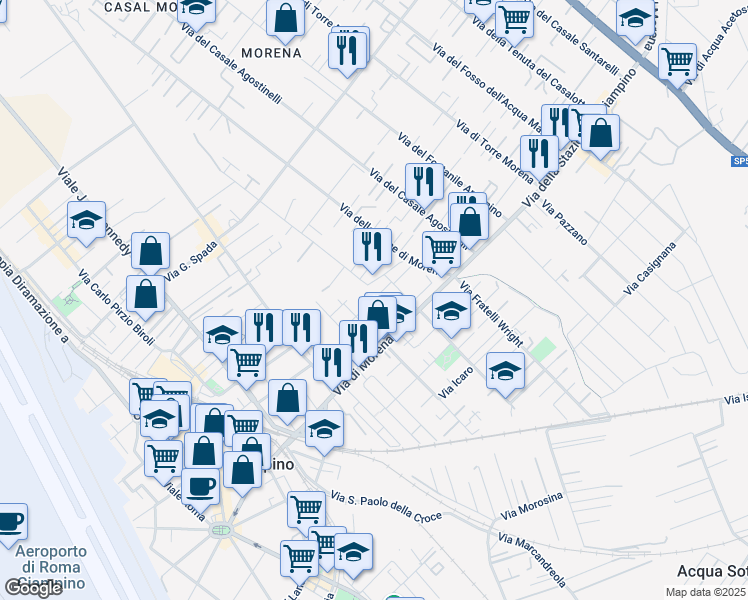 map of restaurants, bars, coffee shops, grocery stores, and more near 25 Via Giosuè Carducci in Ciampino