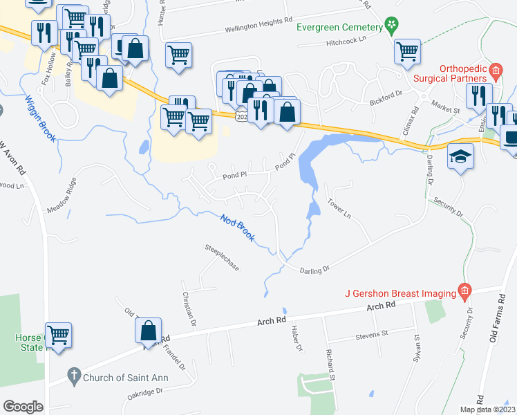 map of restaurants, bars, coffee shops, grocery stores, and more near 6 Raven Circle in Avon