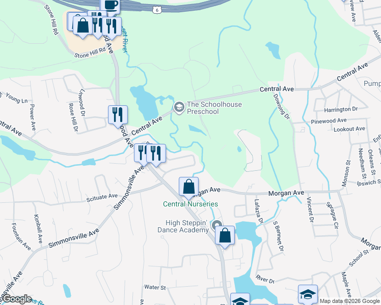map of restaurants, bars, coffee shops, grocery stores, and more near 34 Rotary Drive in Johnston