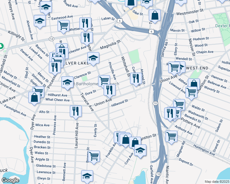 map of restaurants, bars, coffee shops, grocery stores, and more near 64 Elmdale Avenue in Providence