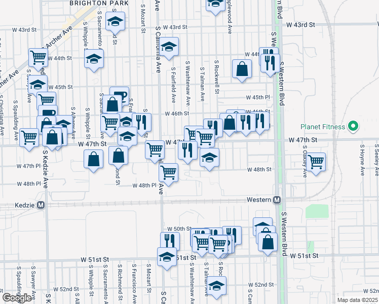 map of restaurants, bars, coffee shops, grocery stores, and more near 4735 S Washtenaw Ave in Chicago