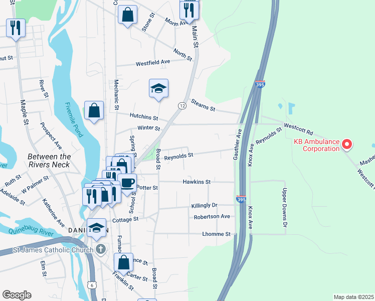 map of restaurants, bars, coffee shops, grocery stores, and more near 50 Capron Street in Killingly