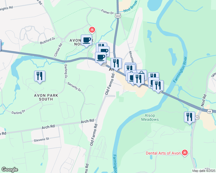 map of restaurants, bars, coffee shops, grocery stores, and more near 26 Old Farms Road in Avon