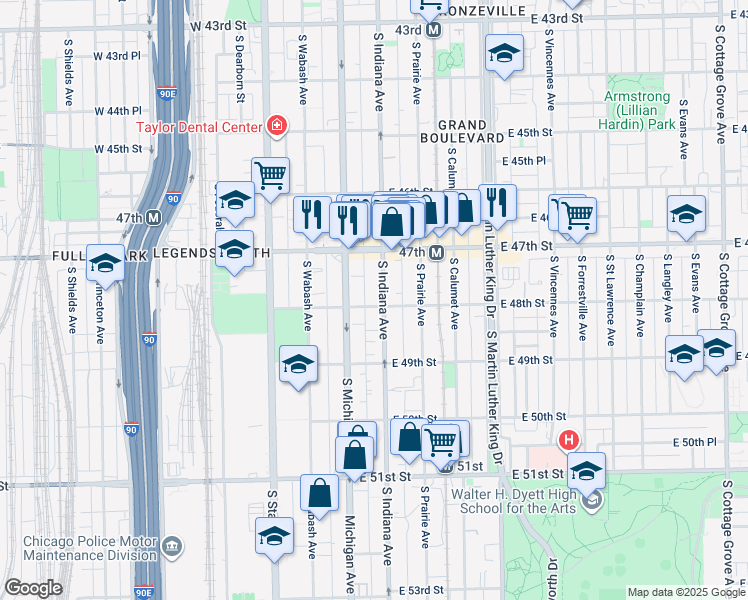 map of restaurants, bars, coffee shops, grocery stores, and more near 4749 South Indiana Avenue in Chicago