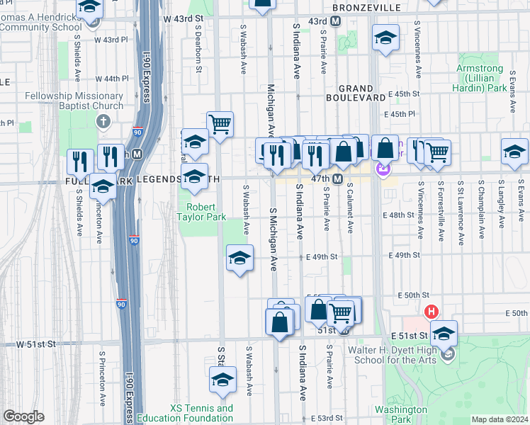 map of restaurants, bars, coffee shops, grocery stores, and more near 4743 South Wabash Avenue in Chicago