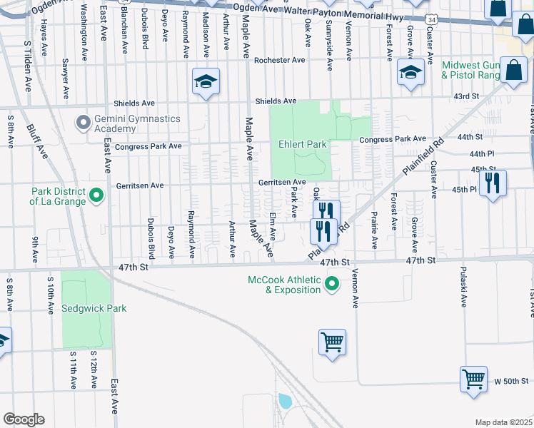 map of restaurants, bars, coffee shops, grocery stores, and more near 4525 Maple Avenue in Brookfield