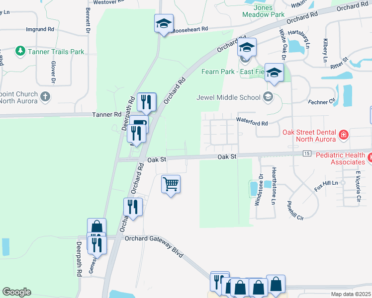 map of restaurants, bars, coffee shops, grocery stores, and more near 1801 Oak Street in North Aurora