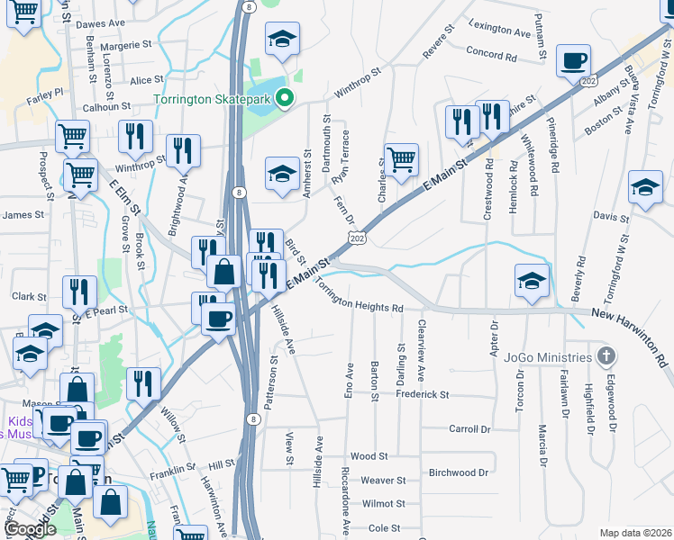 map of restaurants, bars, coffee shops, grocery stores, and more near 47 New Harwinton Road in Torrington