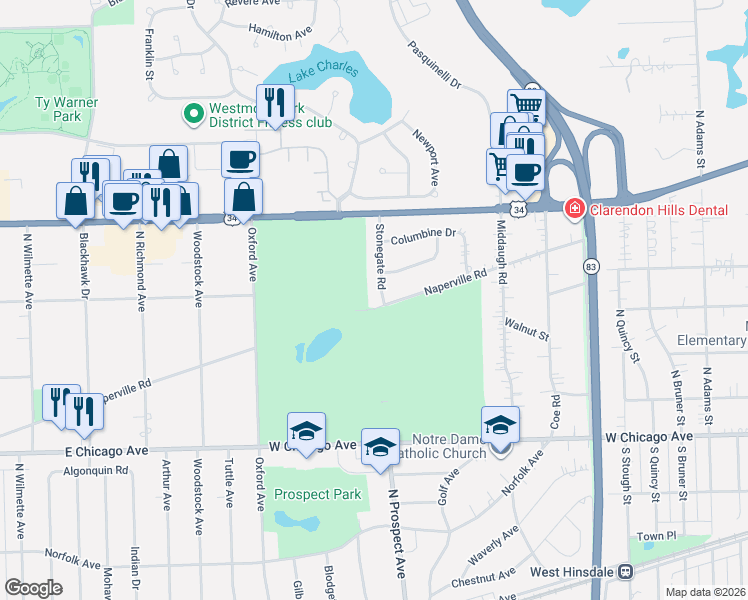 map of restaurants, bars, coffee shops, grocery stores, and more near 263 Stonegate Road in Clarendon Hills