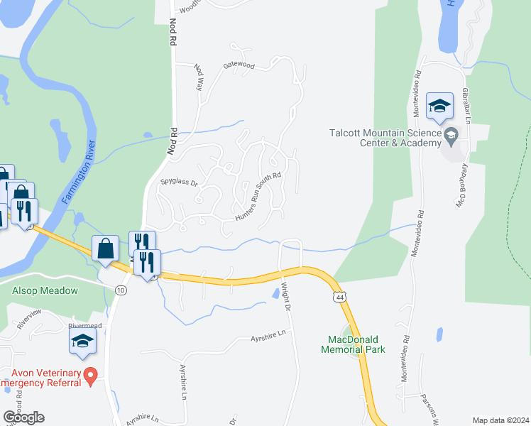 map of restaurants, bars, coffee shops, grocery stores, and more near 1 Alpine Meadow Lane in Avon