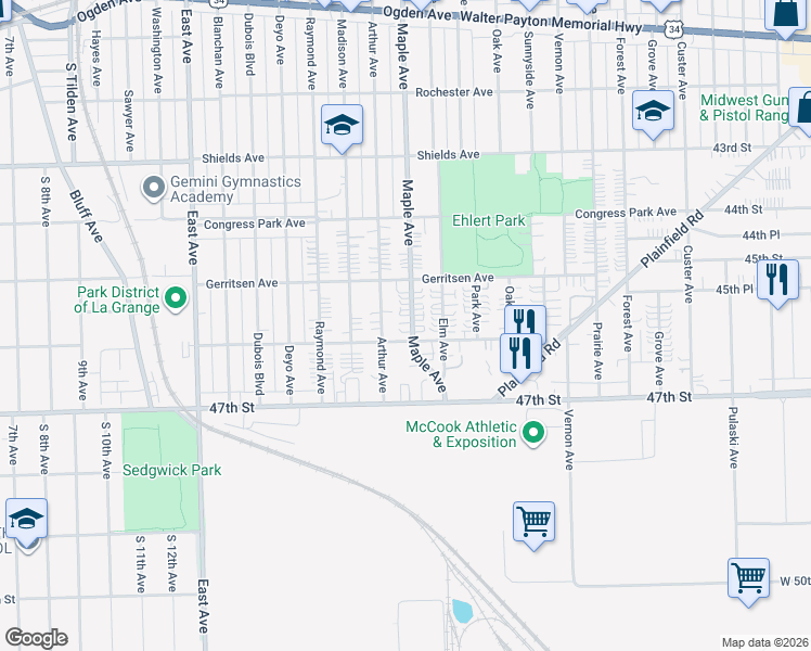 map of restaurants, bars, coffee shops, grocery stores, and more near 4525 Arthur Avenue in Brookfield