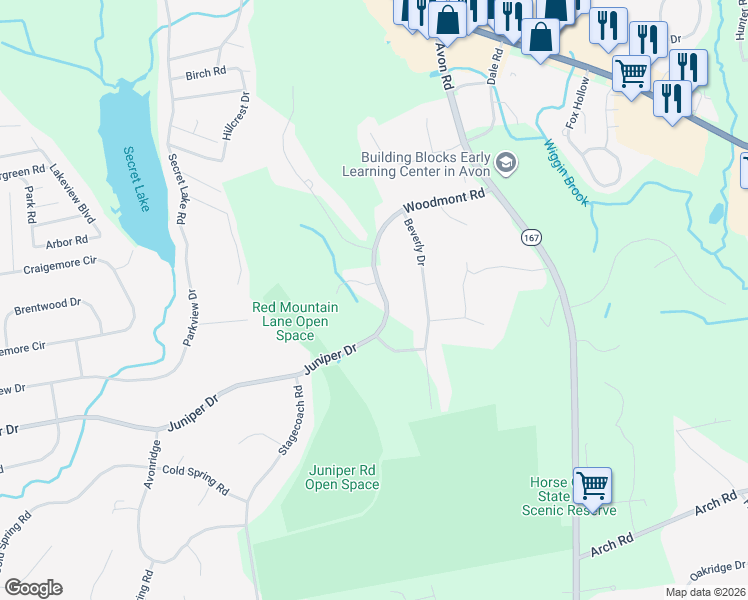 map of restaurants, bars, coffee shops, grocery stores, and more near 98 Woodmont Road in Avon
