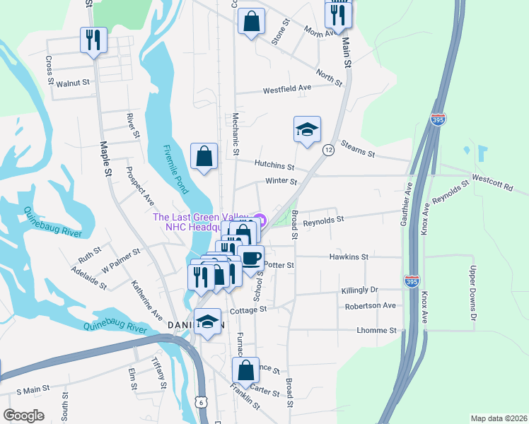 map of restaurants, bars, coffee shops, grocery stores, and more near 24 Spring Street in Killingly