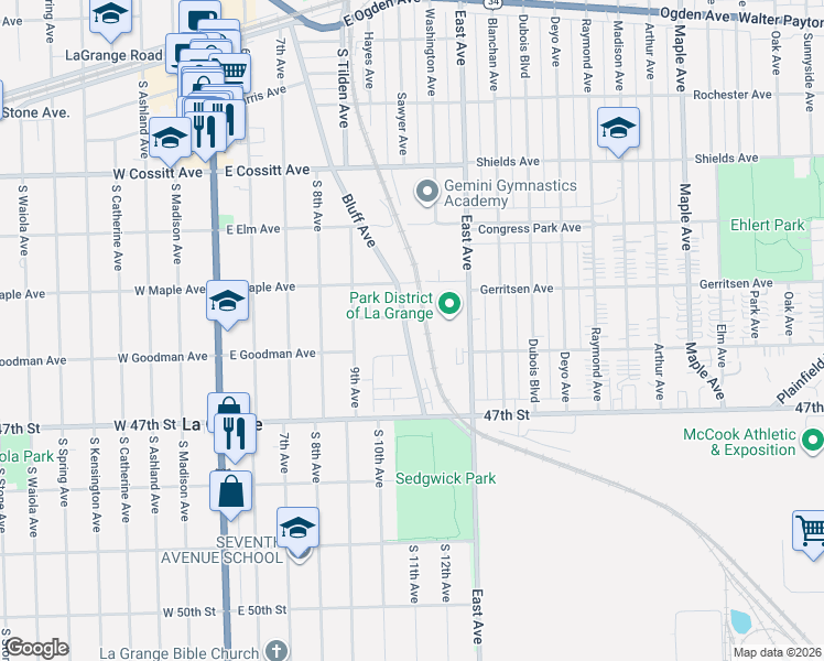 map of restaurants, bars, coffee shops, grocery stores, and more near 339 Bluff Avenue in La Grange