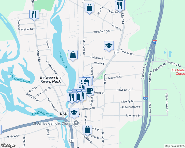 map of restaurants, bars, coffee shops, grocery stores, and more near Spring Street in Killingly