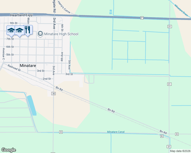 map of restaurants, bars, coffee shops, grocery stores, and more near 36 Ponderosa Drive in Minatare
