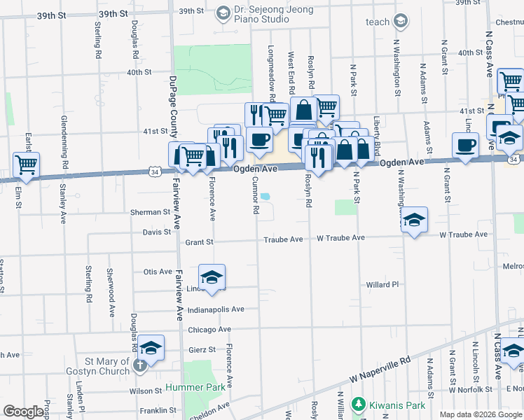 map of restaurants, bars, coffee shops, grocery stores, and more near 521 Cumnor Road in Westmont