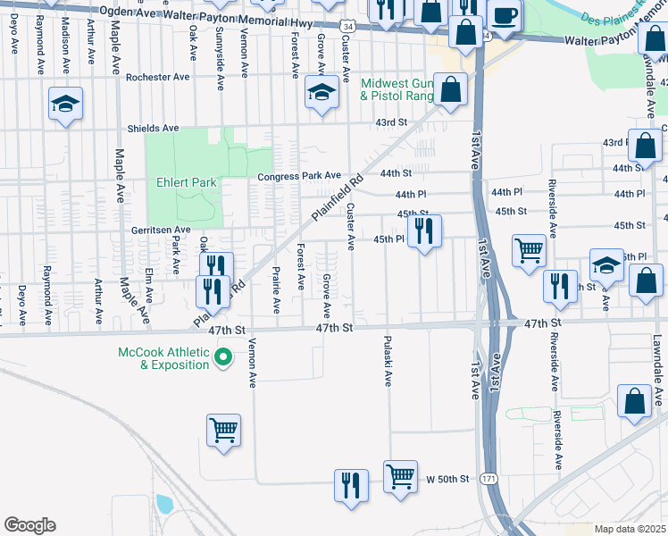 map of restaurants, bars, coffee shops, grocery stores, and more near 4517 Grove Avenue in Brookfield