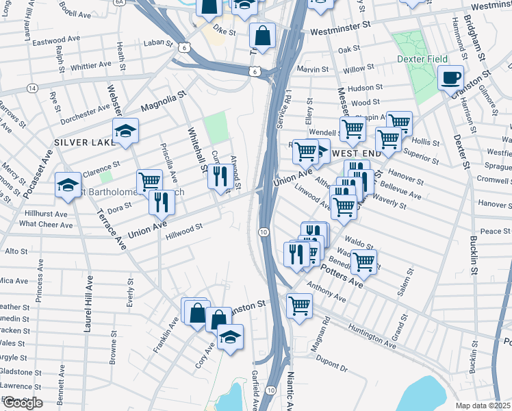 map of restaurants, bars, coffee shops, grocery stores, and more near 175 Union Avenue in Providence