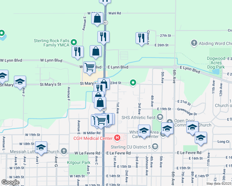 map of restaurants, bars, coffee shops, grocery stores, and more near 30 East 22nd Place in Sterling