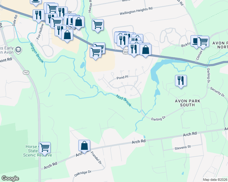 map of restaurants, bars, coffee shops, grocery stores, and more near 1 Jay Court in Avon