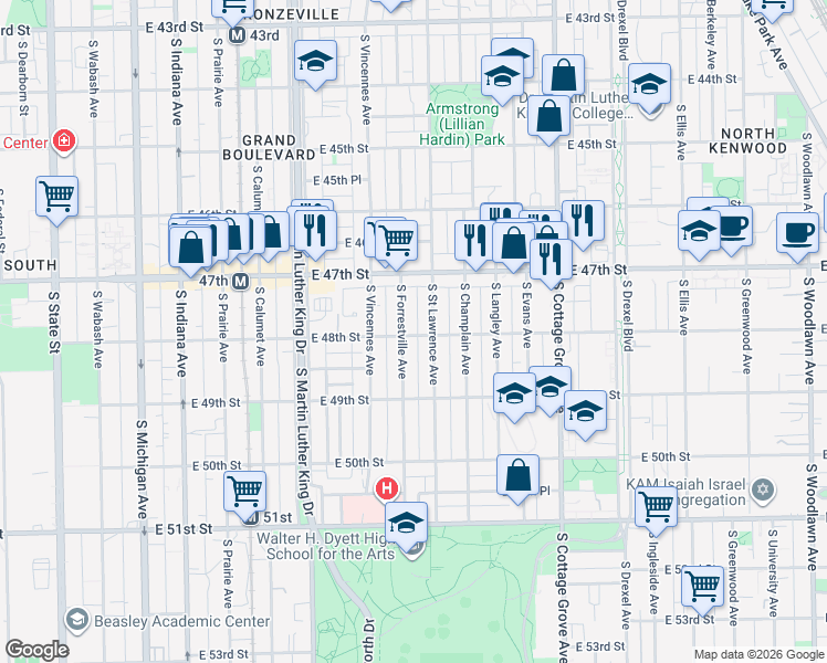 map of restaurants, bars, coffee shops, grocery stores, and more near 4751 South Forrestville Avenue in Chicago
