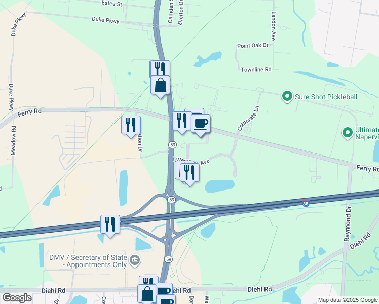 map of restaurants, bars, coffee shops, grocery stores, and more near 2123 City Gate Lane in Naperville