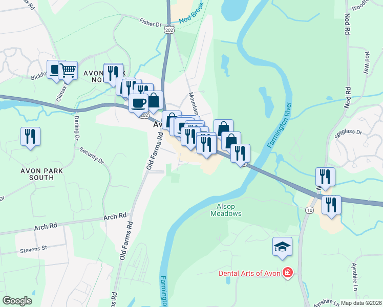 map of restaurants, bars, coffee shops, grocery stores, and more near 39 East Main Street in Avon