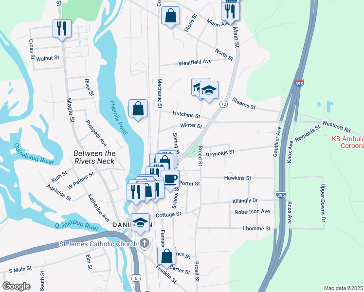 map of restaurants, bars, coffee shops, grocery stores, and more near 24 Spring Street in Killingly