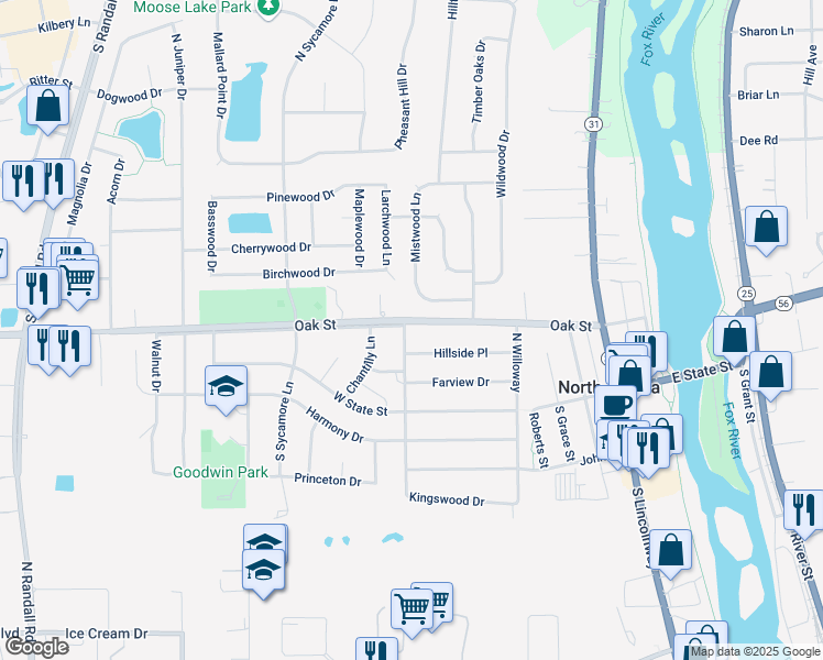 map of restaurants, bars, coffee shops, grocery stores, and more near 23 North Cherrytree Court in North Aurora